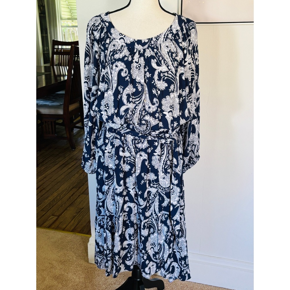 Talbots Plus Navy White Paisley Midi Dress with Belt Sz 1X High Low Hem - Picture 2 of 11